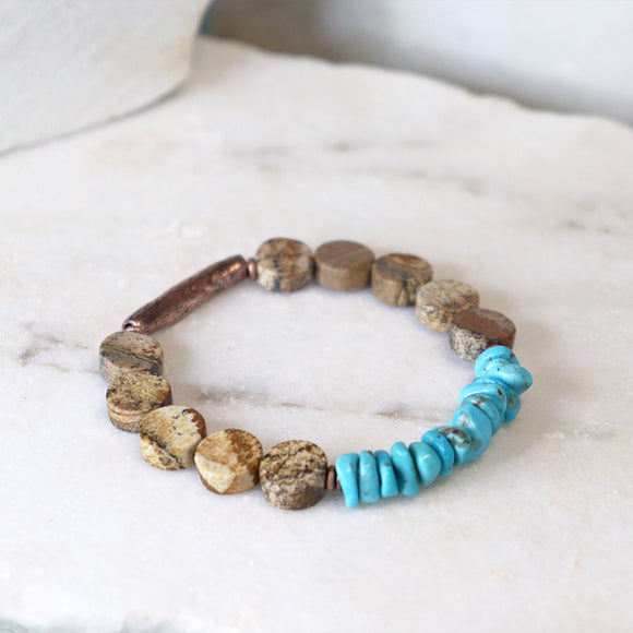 Rustic turquoise stone and copper stretch bracelet by Fox and Bear